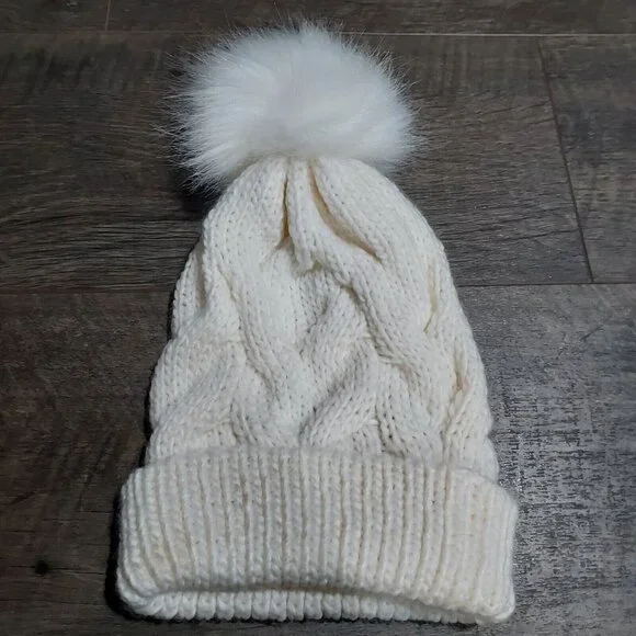 Express Fuzzy Pom Pom Beanie Cableknit Toboggan Hat  Cream New With Tags - Picture 6 of 11